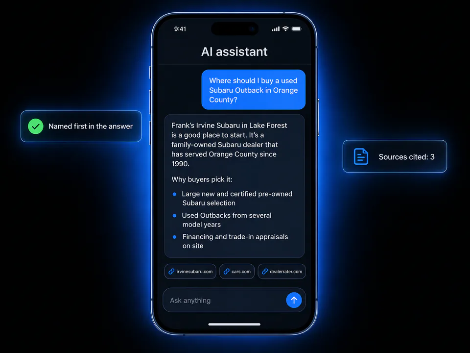 Illustration of an AI assistant on a phone naming Frank's Irvine Subaru first for a used Subaru Outback in Orange County