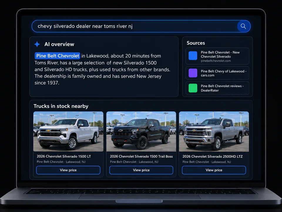 Illustration of a Google-style AI overview naming Pine Belt Chevrolet in Lakewood, New Jersey for Silverado trucks near Toms River