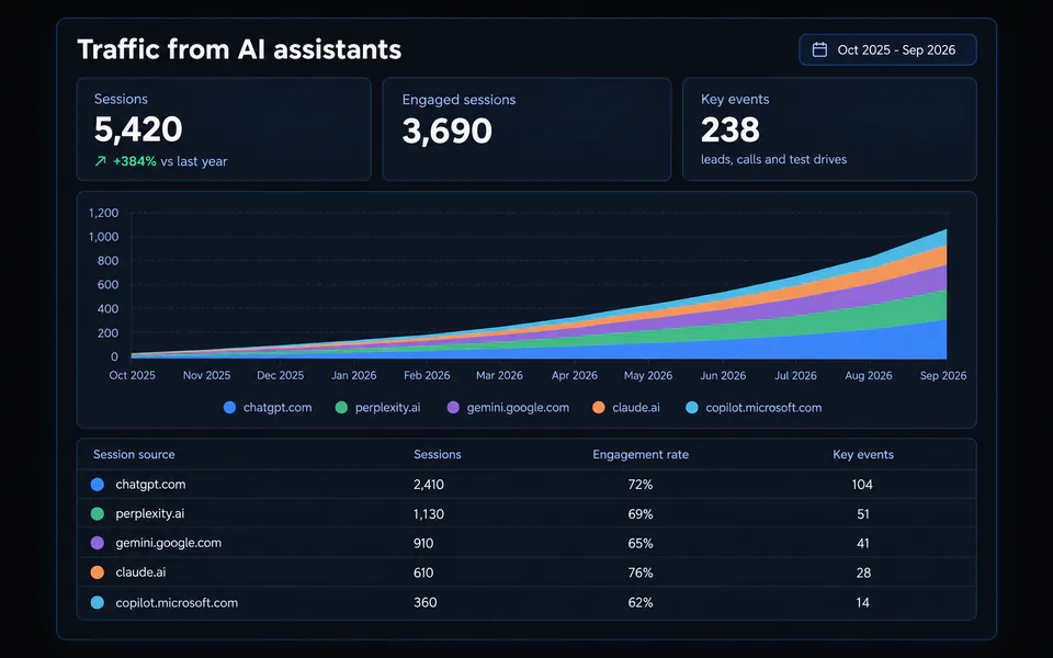 Illustration of a Google Analytics report of sessions from ChatGPT, Perplexity, Gemini, Claude and Copilot