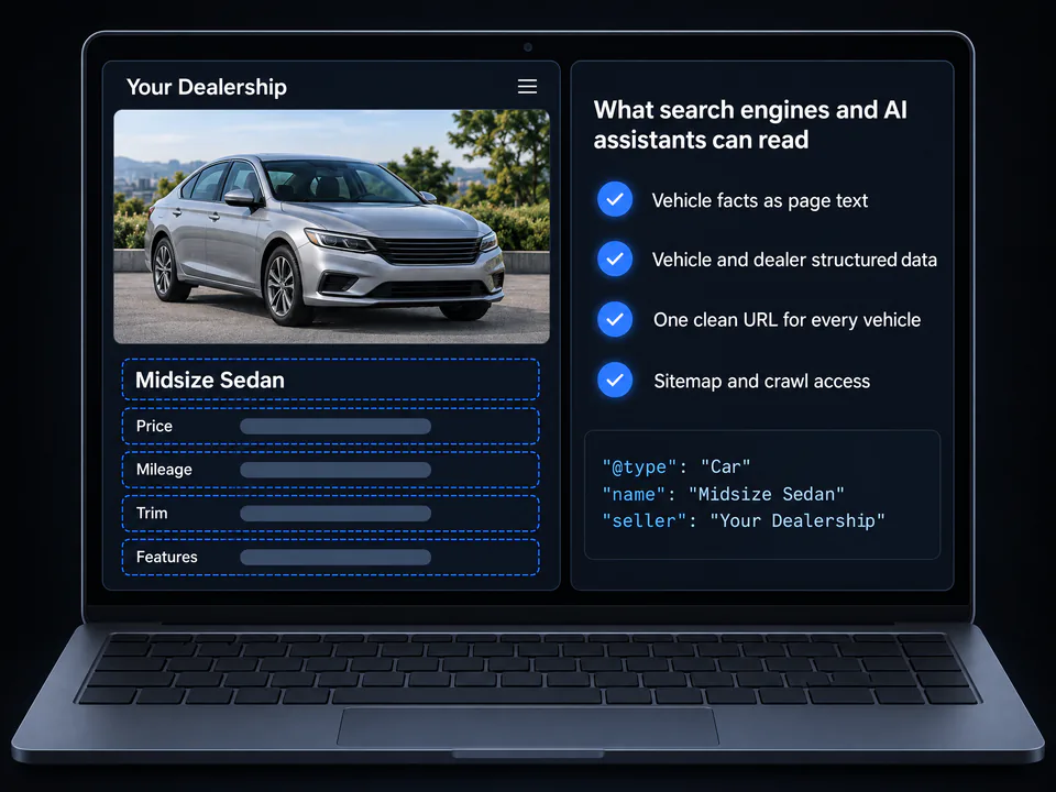 Illustration of a midsize sedan vehicle page concept beside a panel of what search engines and AI assistants can read