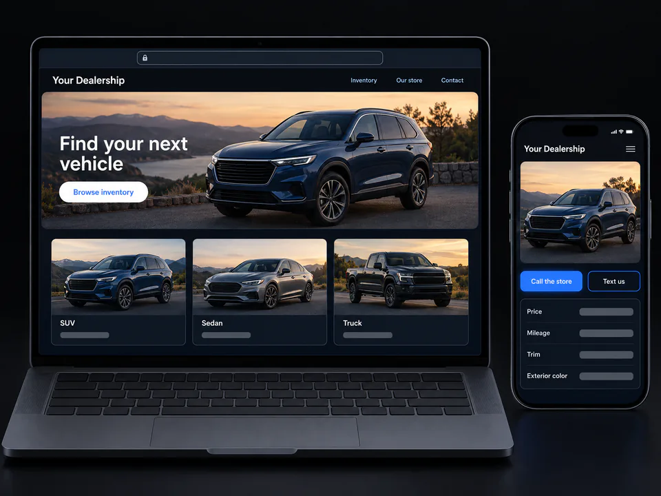 Illustration of a dealership website concept on a laptop and a phone, with a homepage, vehicle cards and a vehicle page with call and text buttons