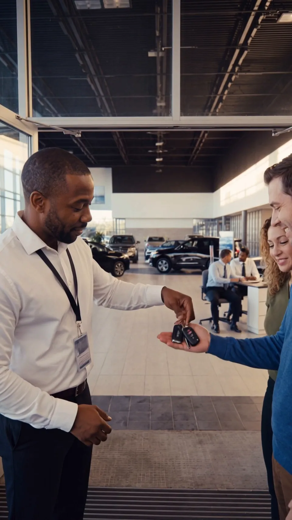 The closing frame of the Slow Day commercial: a salesperson hands keys to a buyer in a showroom