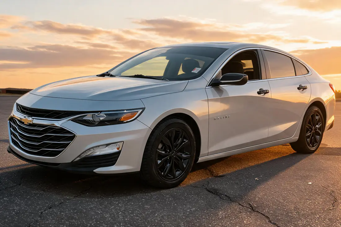 The same 2022 Chevrolet Malibu with the background replaced by AutoLander’s AI Photo Studio — shadow, glass, and reflections rebuilt