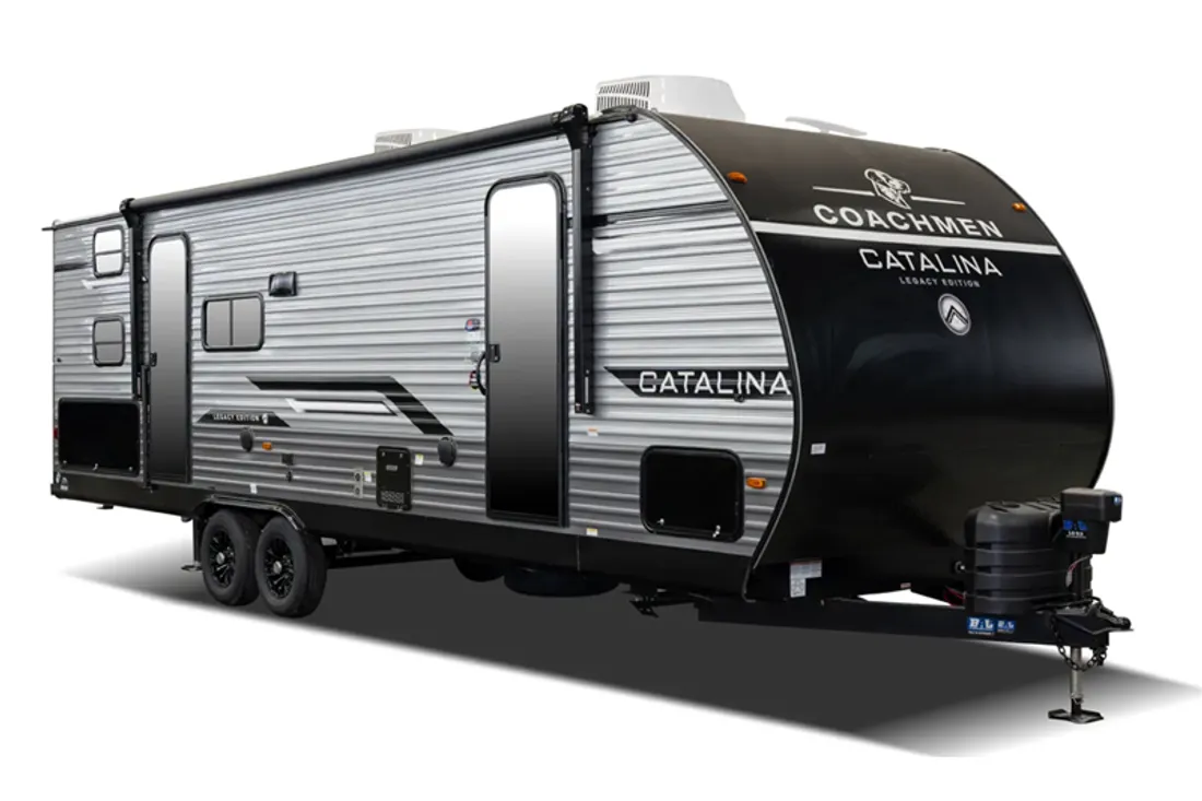A 2027 Coachmen Catalina Legacy Edition travel trailer on a clean white studio background, processed by AutoLander’s AI Photo Studio for an RV dealer