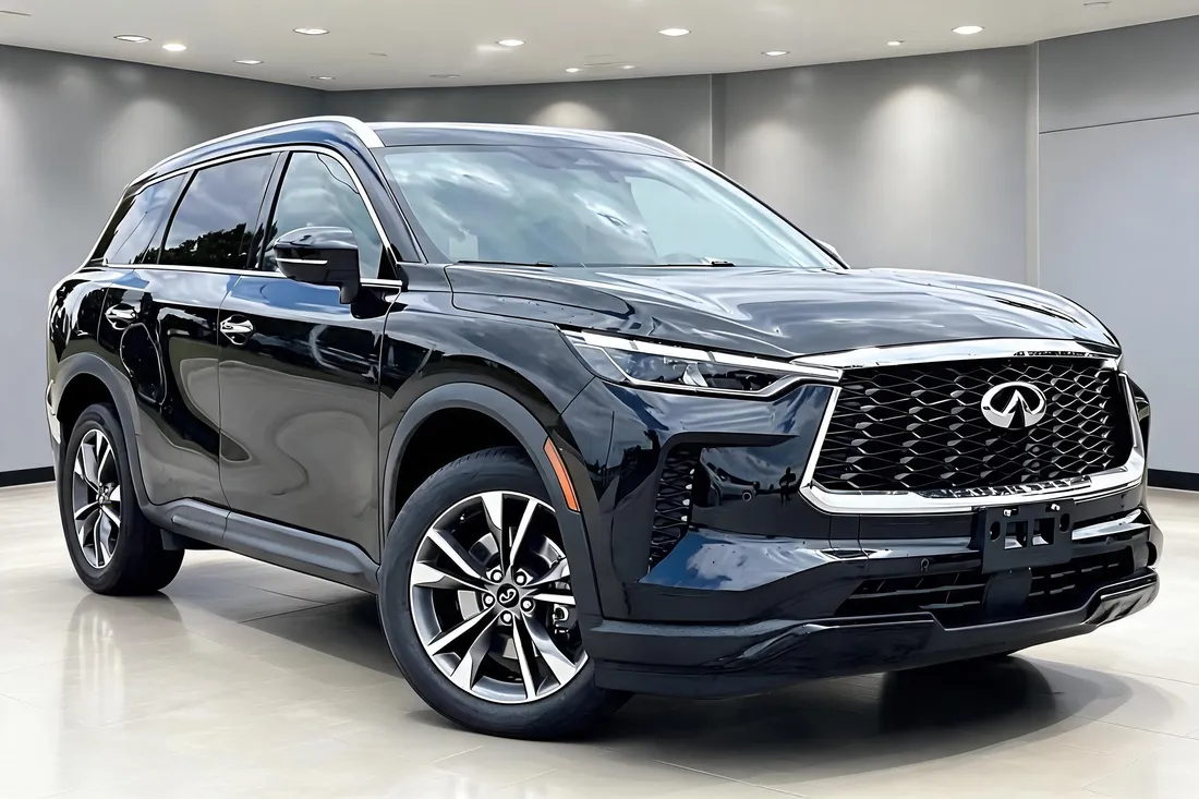 The same 2023 Infiniti QX60 re-staged in a clean showroom scene by AutoLander’s AI Photo Studio