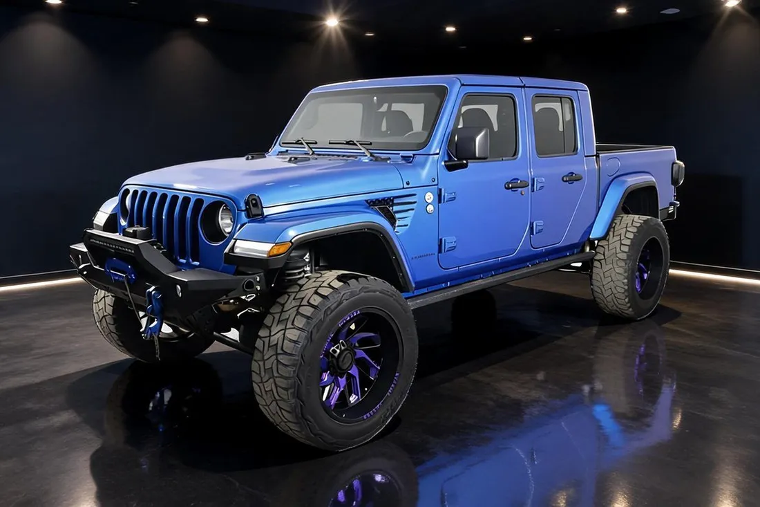The same blue Jeep Gladiator relit in a dark showroom by AutoLander’s AI Photo Studio