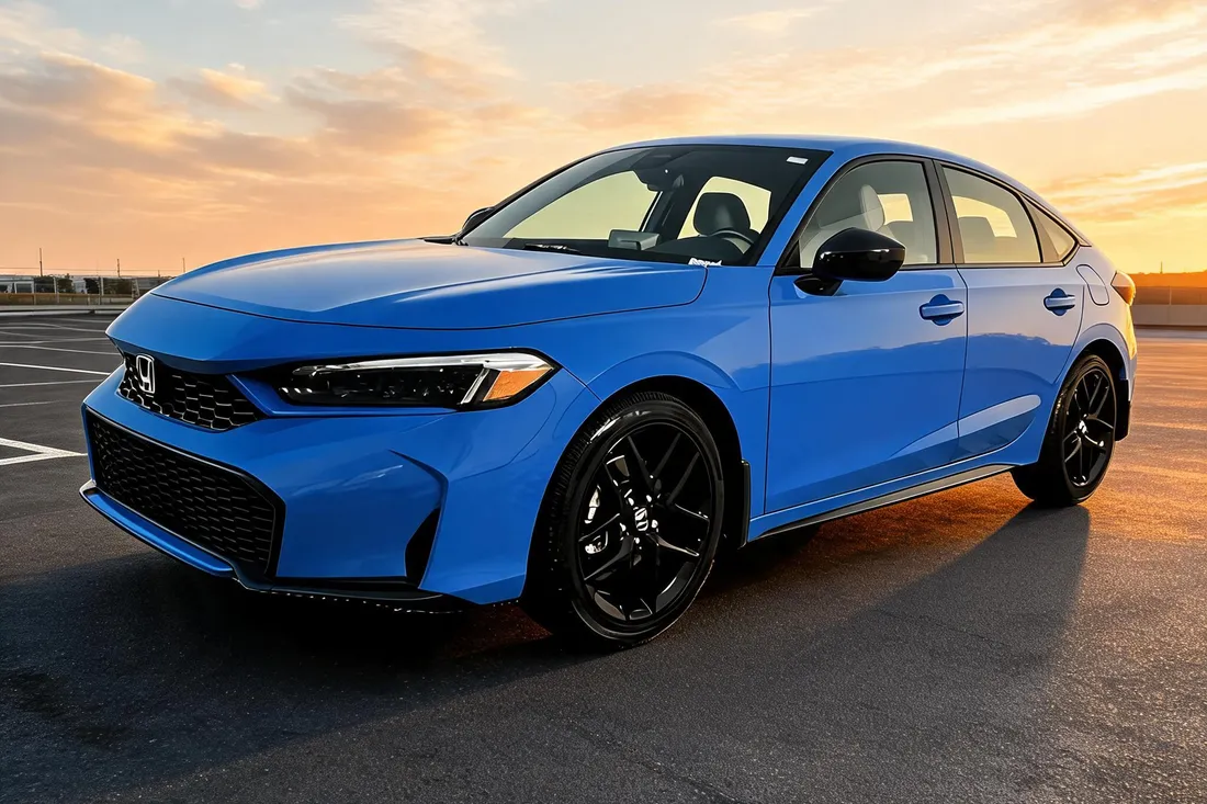 The same blue 2025 Honda Civic Hybrid Sport hatchback in a front three-quarter view, placed in an outdoor sunset scene by AutoLander's AI Photo Studio