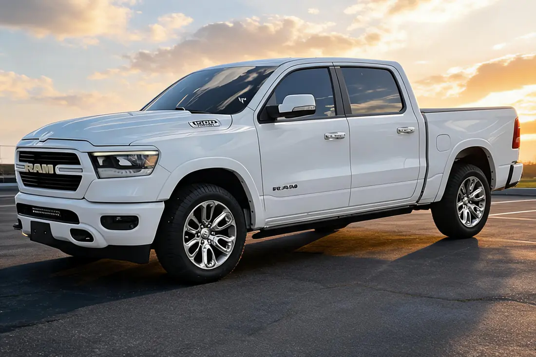 The same 2021 Ram 1500 as a polished Facebook listing photo after AutoLander’s AI Photo Studio