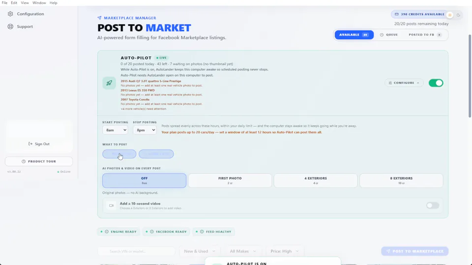 AutoLander AutoPilot controls for scheduling Marketplace vehicle posts