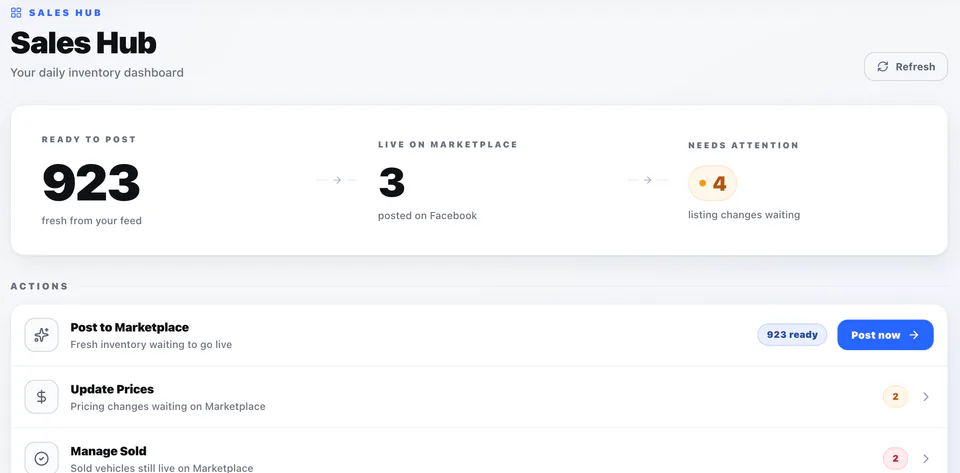 AutoLander Sales Hub showing vehicle inventory and Marketplace posting tools