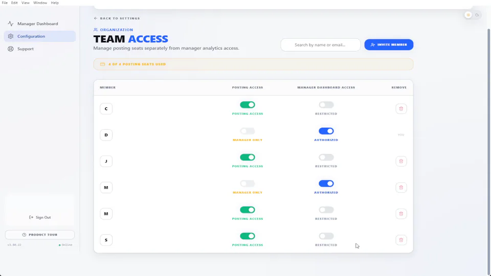 AutoLander Team Access screen with posting seats and Manager Dashboard access set per person, with names hidden
