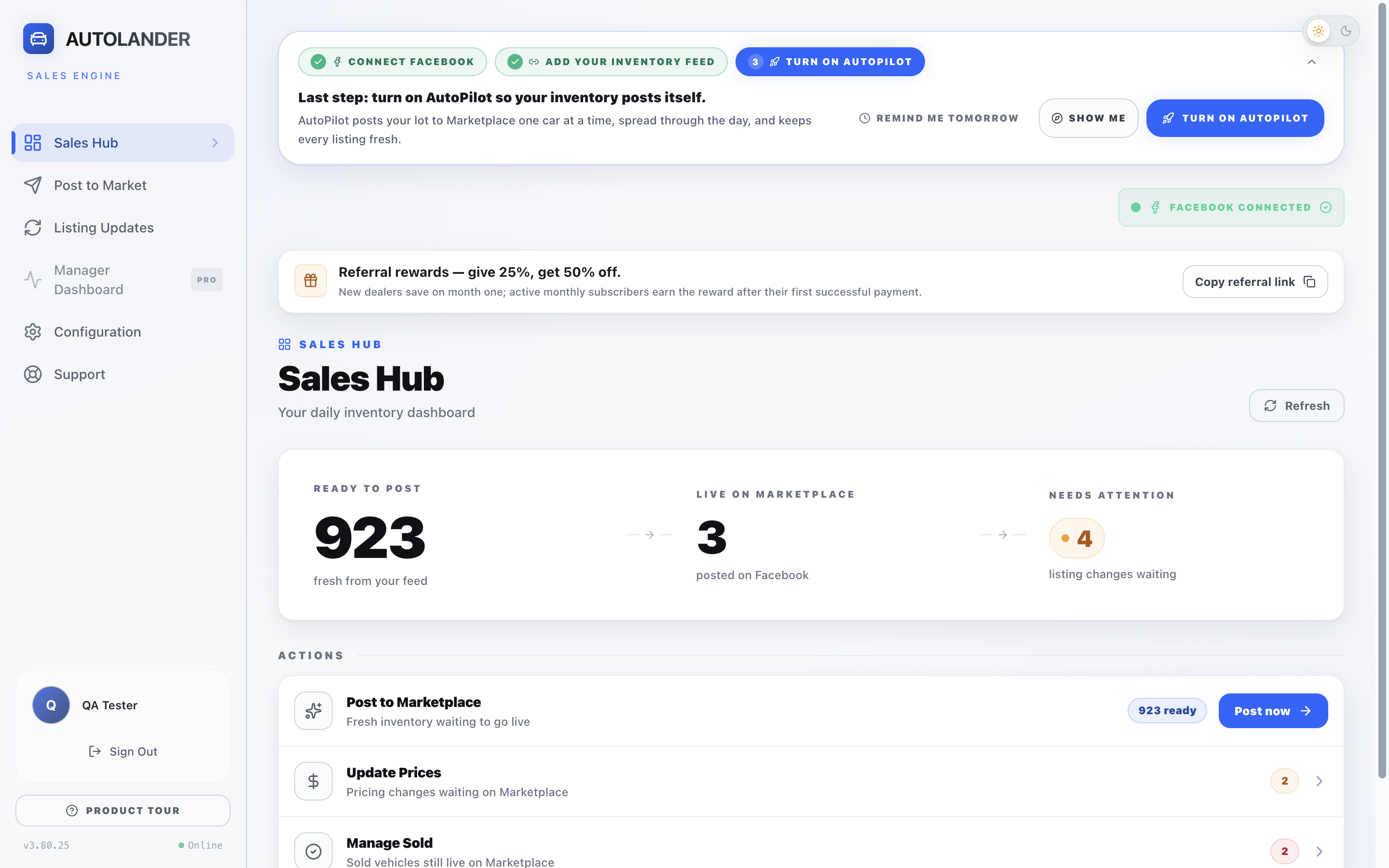 Full-window AutoLander Sales Hub with the sidebar, Facebook connection and inventory dashboard visible